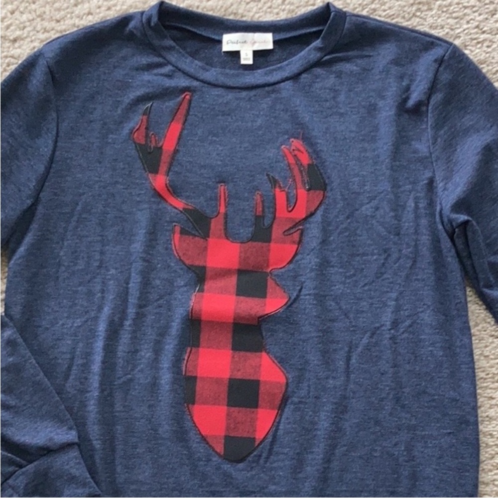 French Terry Long Sleeve Plaid Reindeer Top - Picture 9 of 11